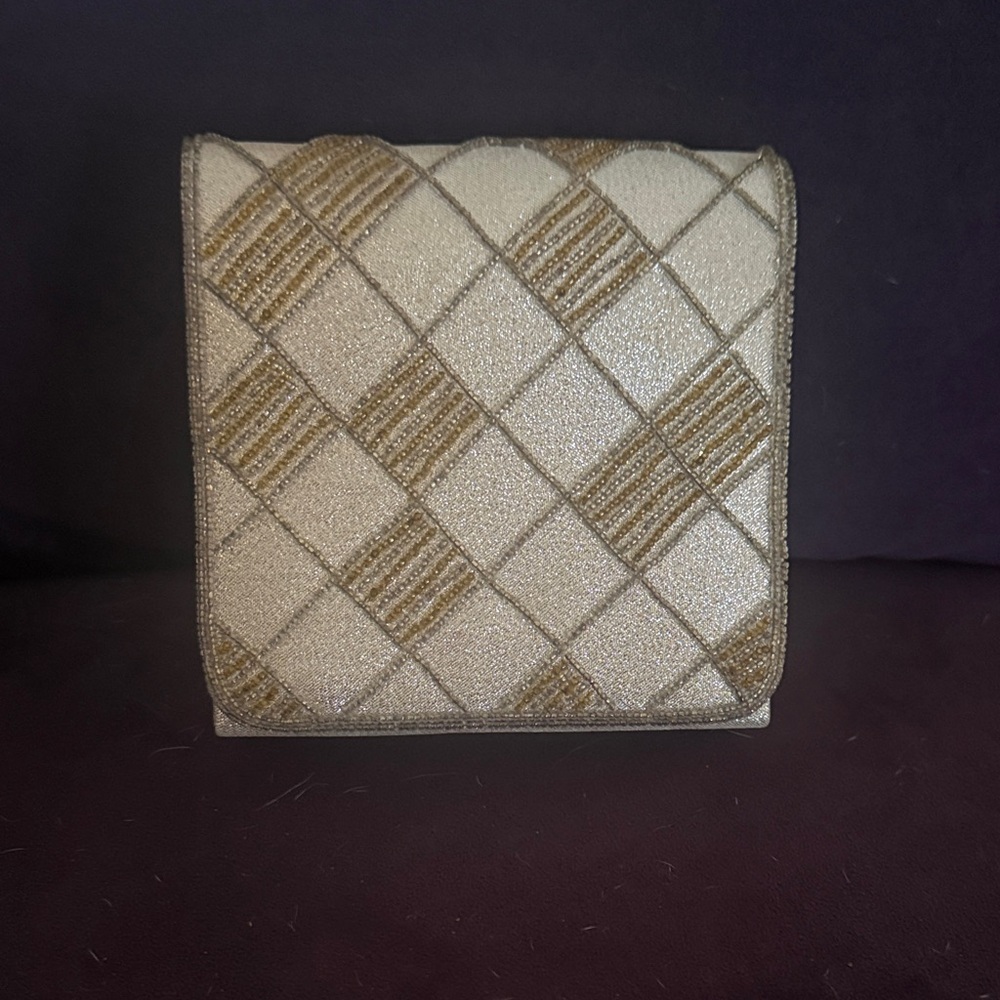 Elegant Quilted Sparkle Evening Bag - Gold and Cream